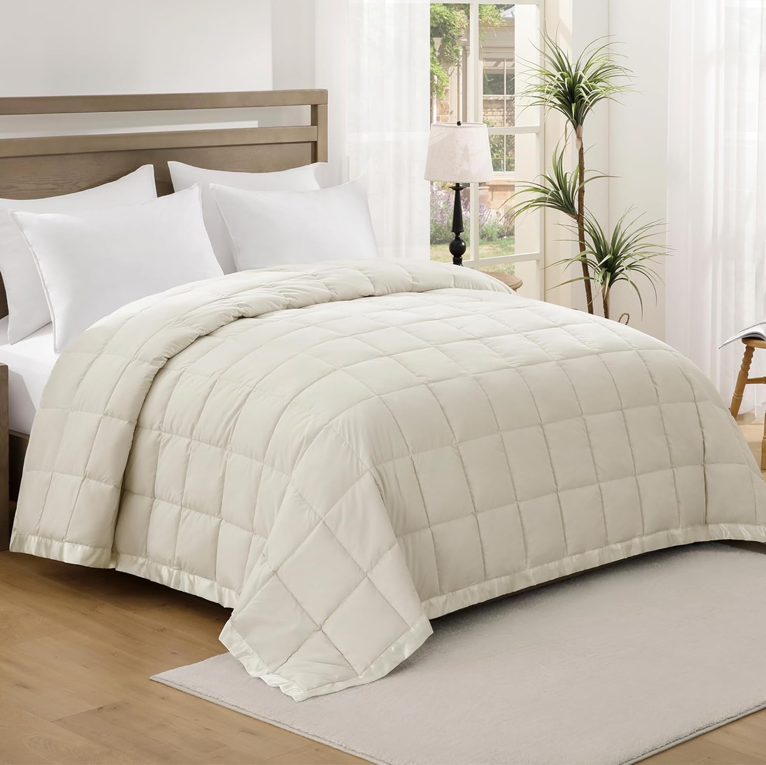 UNIKOME Blankets Queen Size – Soft Lightweight Retro Down Alternative Blankets with Satin Trim, Cozy Luxury Bed Blanket for All Season, Cream (90″X90″)
