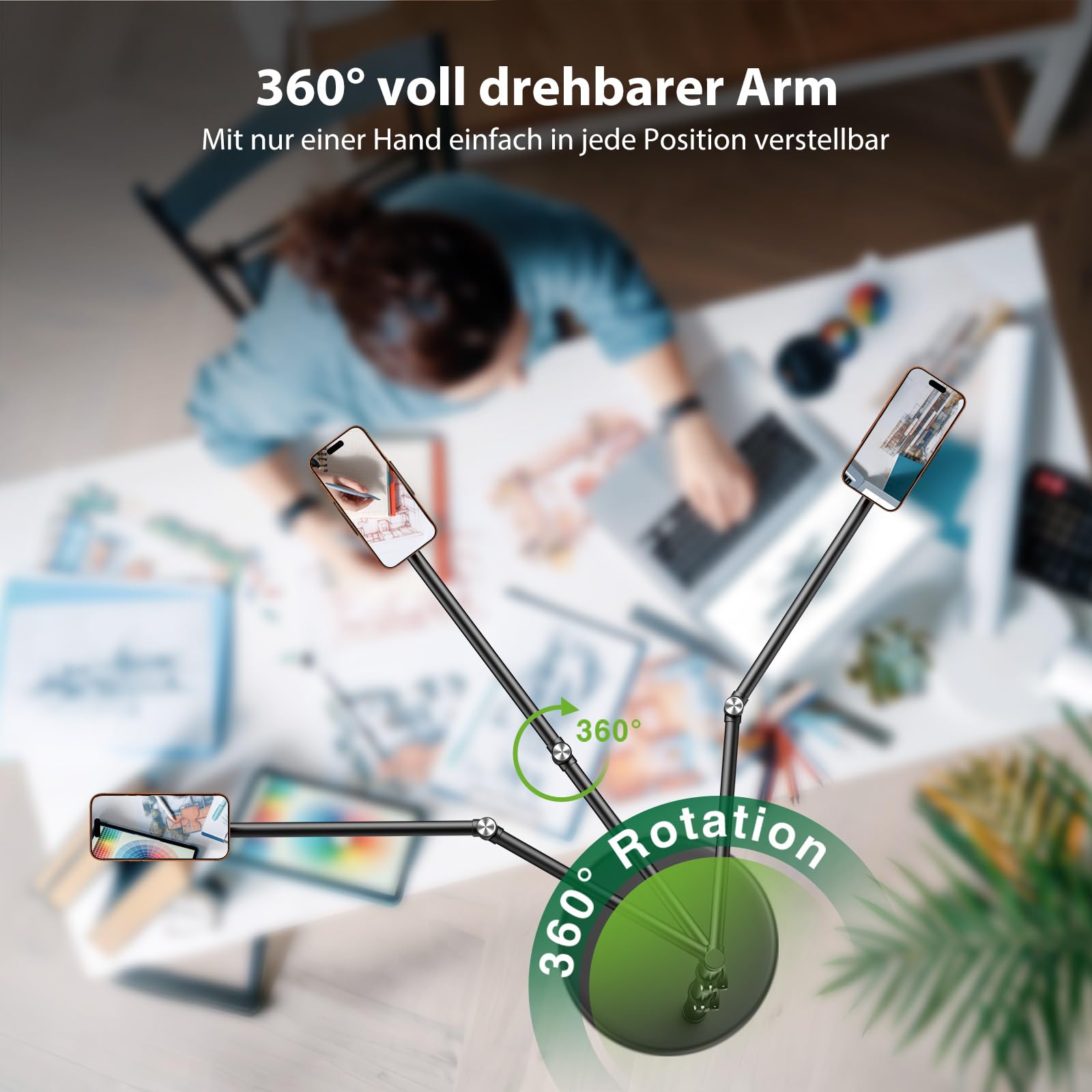 elitehood Magsafe Bodenständer Handyhalterung Bett Langer Arm | Magnetischer Handy Halterung Bett - Stabiler Sockel, 63.5 cm Aluminiumarm, Overhead Stativ Handy für Videoaufnahmen, Filmen
