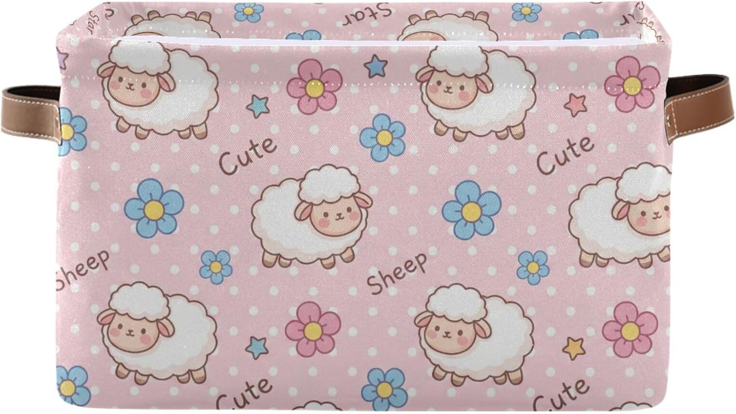Sheep Storage Bins for Shelves, Foldable Canvas Gift Basket with 300D Water-Resistant Lining & Top Wire Frame, PU Leather Handles, 14.2x10.2x8.3", 1 Pack