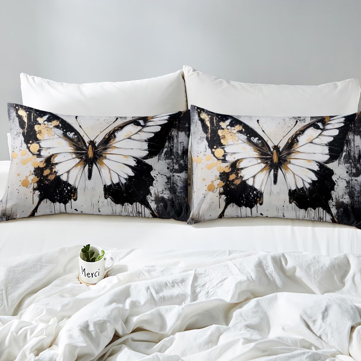 jejeloiu Butterfly Bed Sheets Set Twin Size Kids Oil Painting Fitted Sheet with Deep Pocket for Boys Girls Teens Black White Bedding Set Breathable Animal Bedroom Decor
