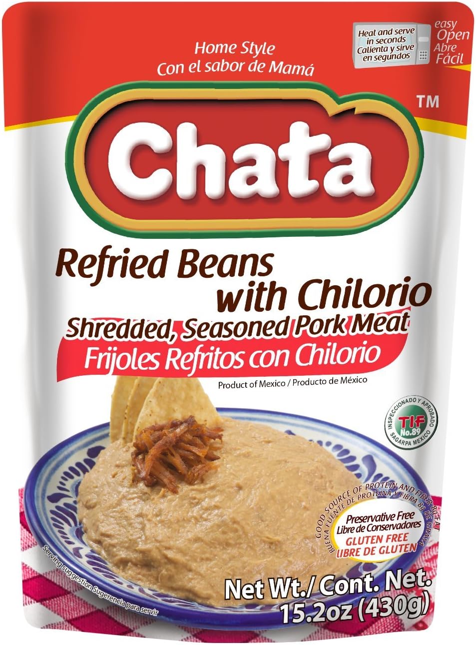 Chata Tradicional Refried Pinto Beans 3 Pack 8.8oz Easy Open Pouch/Ready to Eat Gluten Free (With Chilorio)