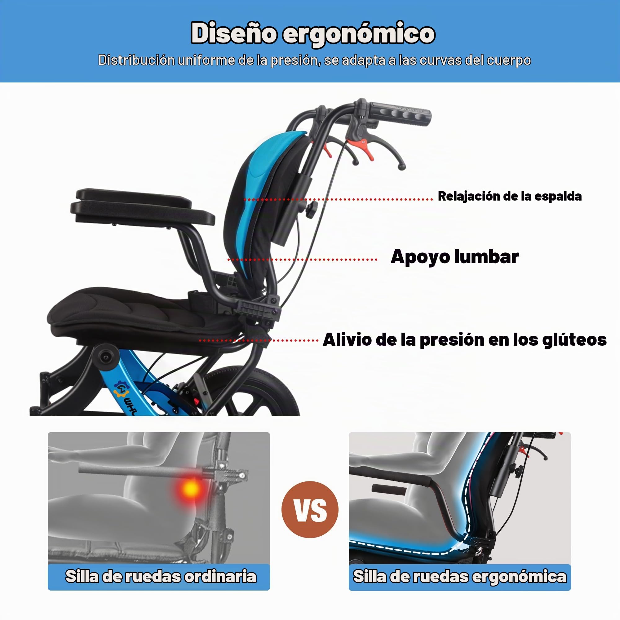 Silla De Transporte Plegable Ligera WHLICKS Para Adultos Y Ancianos, Silla De Viaje Portátil Con Cojín Extraíble Y Ruedas De 12 Pulgadas, Silla De Ruedas Ergonómica Con Altura Ajustable