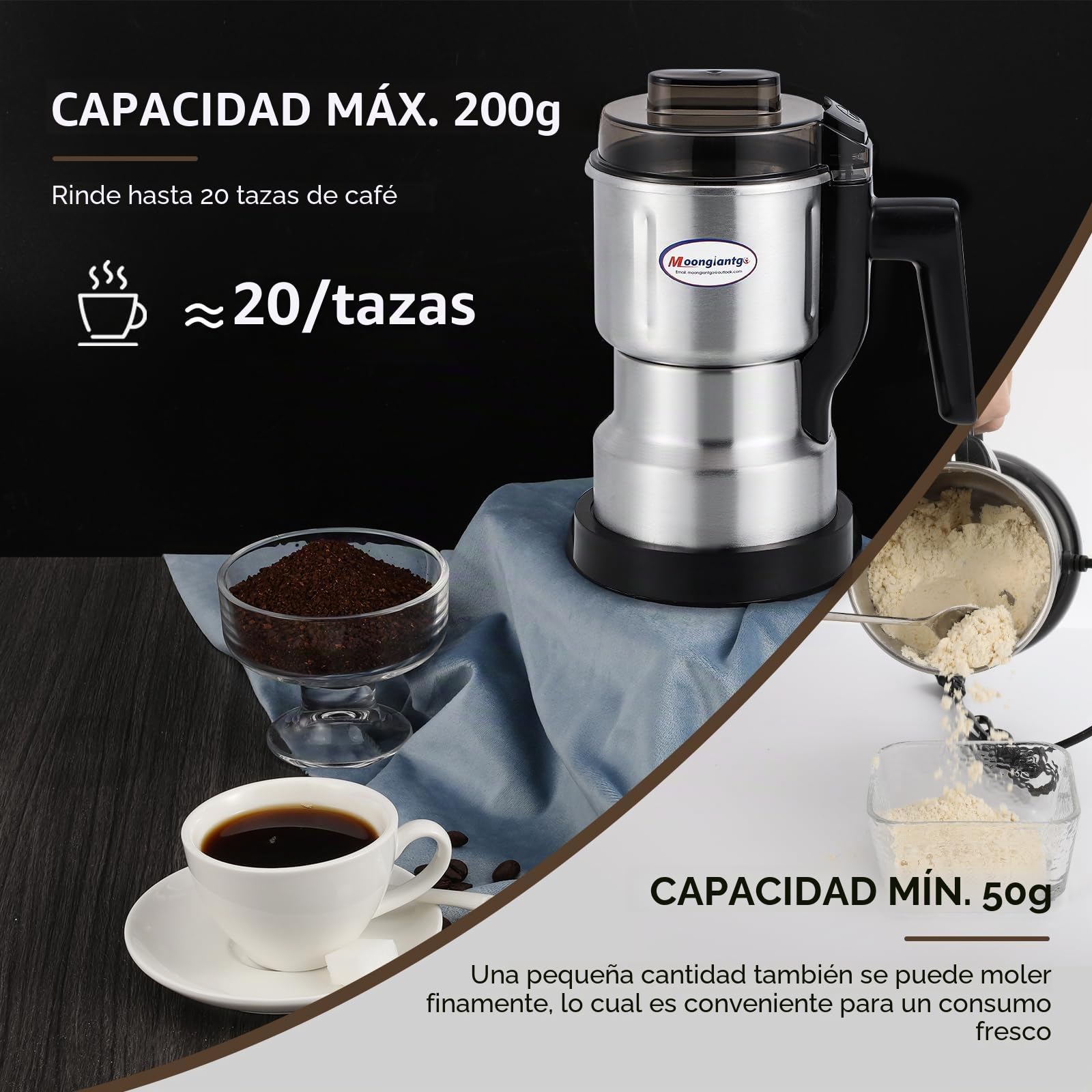 Moongiantgo Molinillo Multifuncional de Cereales, Café y Especias (250W 22000RPM, Capacidad de 200ml, Acero inoxidable, Molienda Ultrafina para Cereal, Frijol, Especia, Café - con Cepillo y Cuchara)