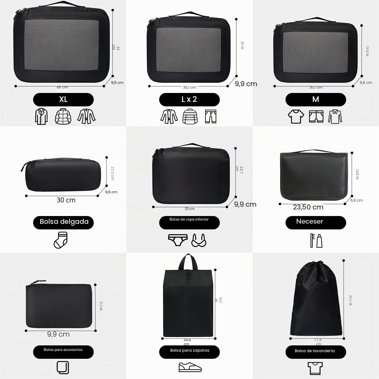 Cubos de embalaje para maletas, juego de 10, organizadores de equipaje ligeros, cubos de embalaje para accesorios de viaje - Negro