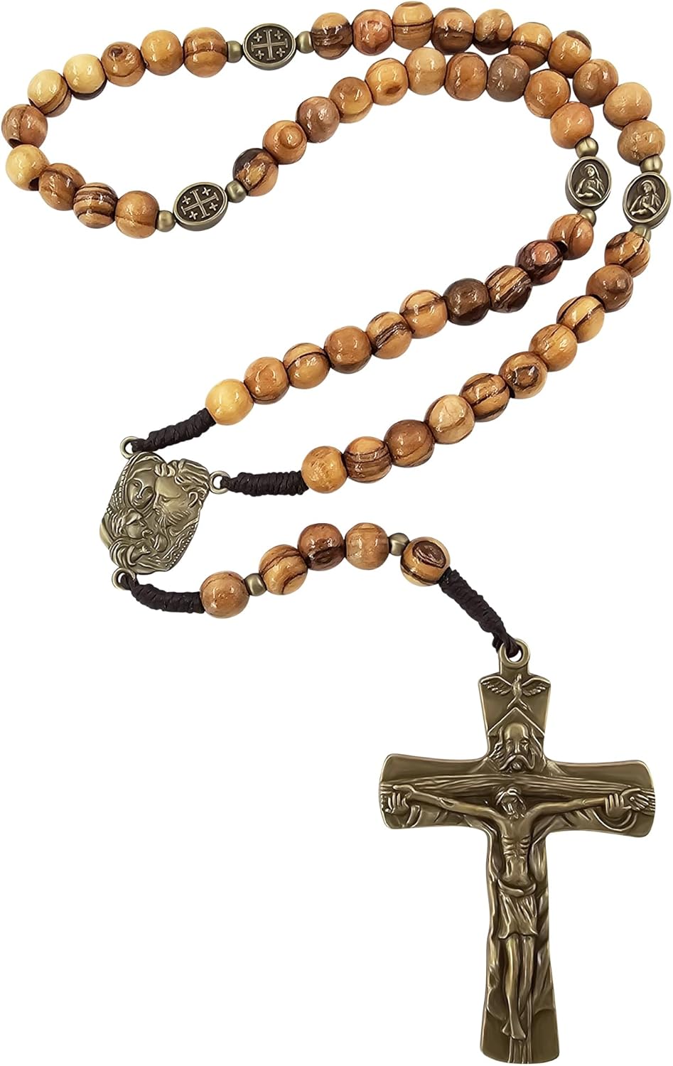 TALISMAN4U Olive Wood Prayer Beads Catholic Rosary Bronze Holy Trinity Crucifix Holy Family Centerpiece Virgin Mary Medals Rosaries for Men Holy Land Religious Gift Rosary Pouch & Prayer Card - Image 3