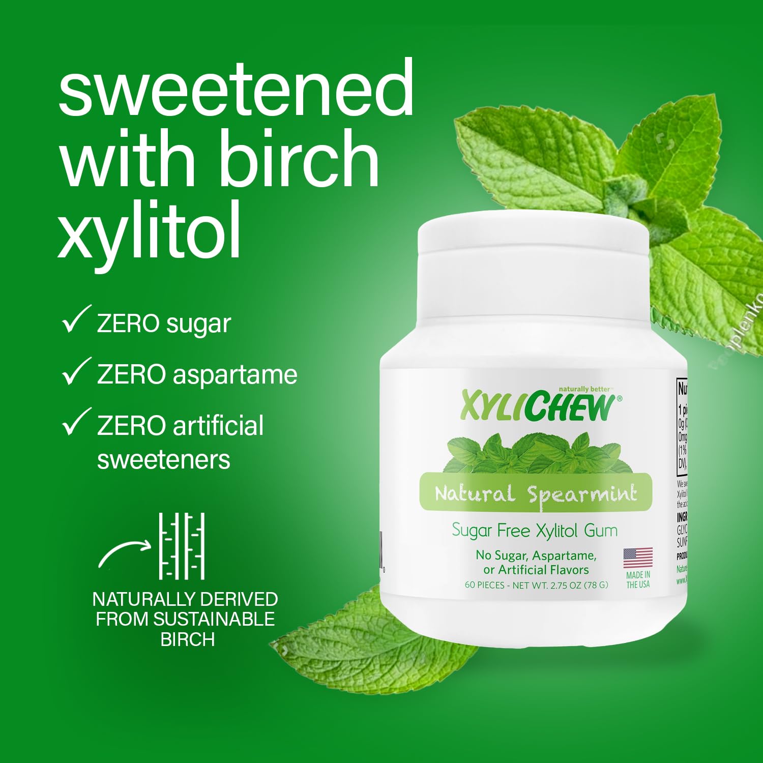 XYLICHEW - Xylitol Gum Spearmint Jar - 60 Pieces (2.75 oz./78 g)