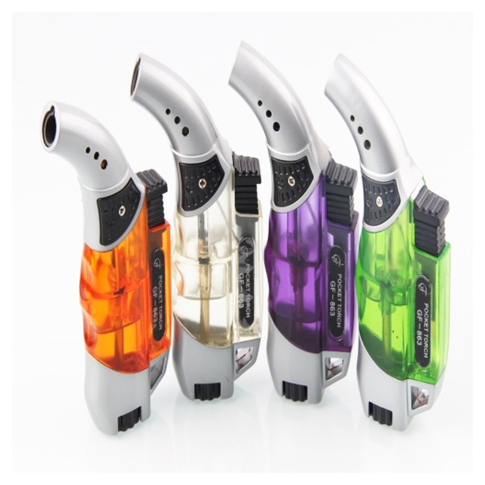 Lot de 4 briquets tempête, Briquet Torche à Butane Rechargeable, Flamme Stable, Forte résistance au Vent, Jet de Flamme réglable, Design Transparent(4-Pack)