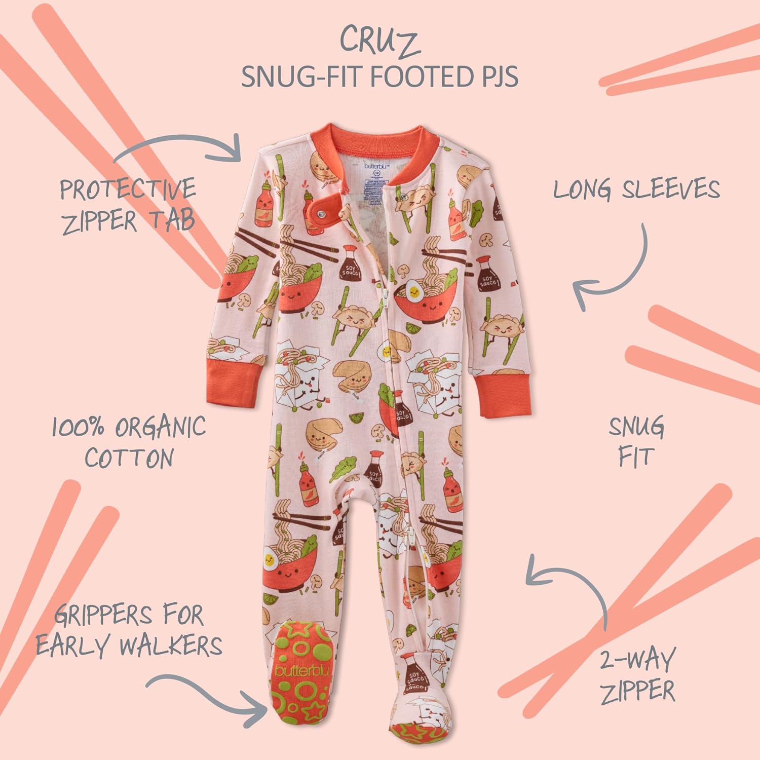 baby-girls Cruz Snug-fit Footed Pajamas 100% Organic Cotton Zip Front Sleeper Pjs W/Grippers for Baby Girls - Image 2