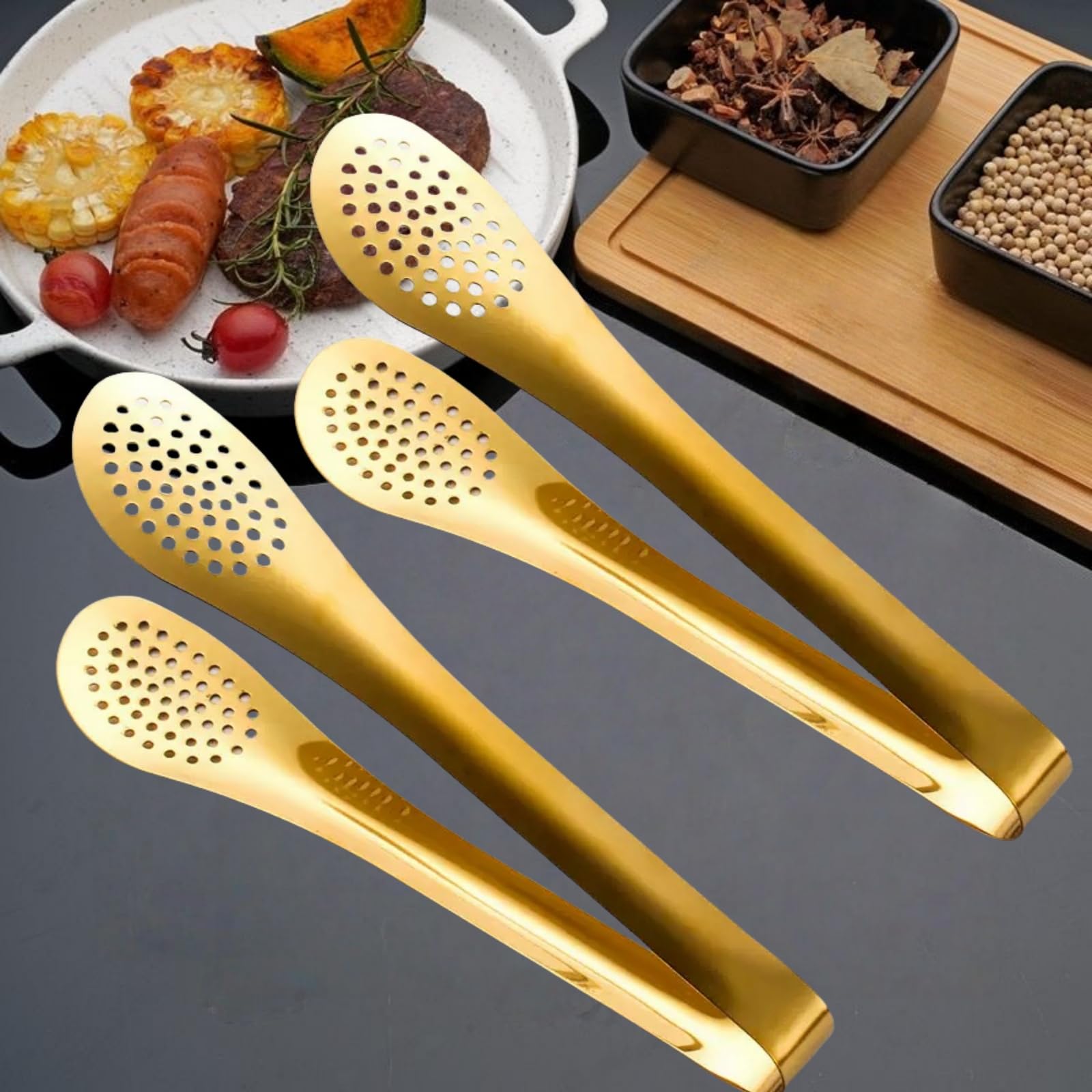 Gold Buffet Tongs - 4 Piece Set with Drip Holes -4