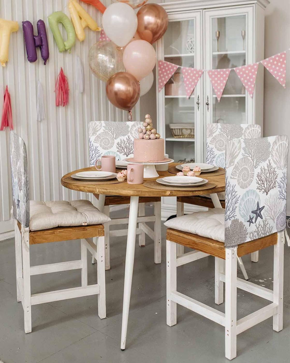 Grey Brown Coral Chair Back Cover, Summer Beach Starfish Dining Chair Protector Covers, Ocean Nautical Coastal Chair Covers Removable Chair Slipcovers for Weeding Banquet Party 19"x18", 4 Pack