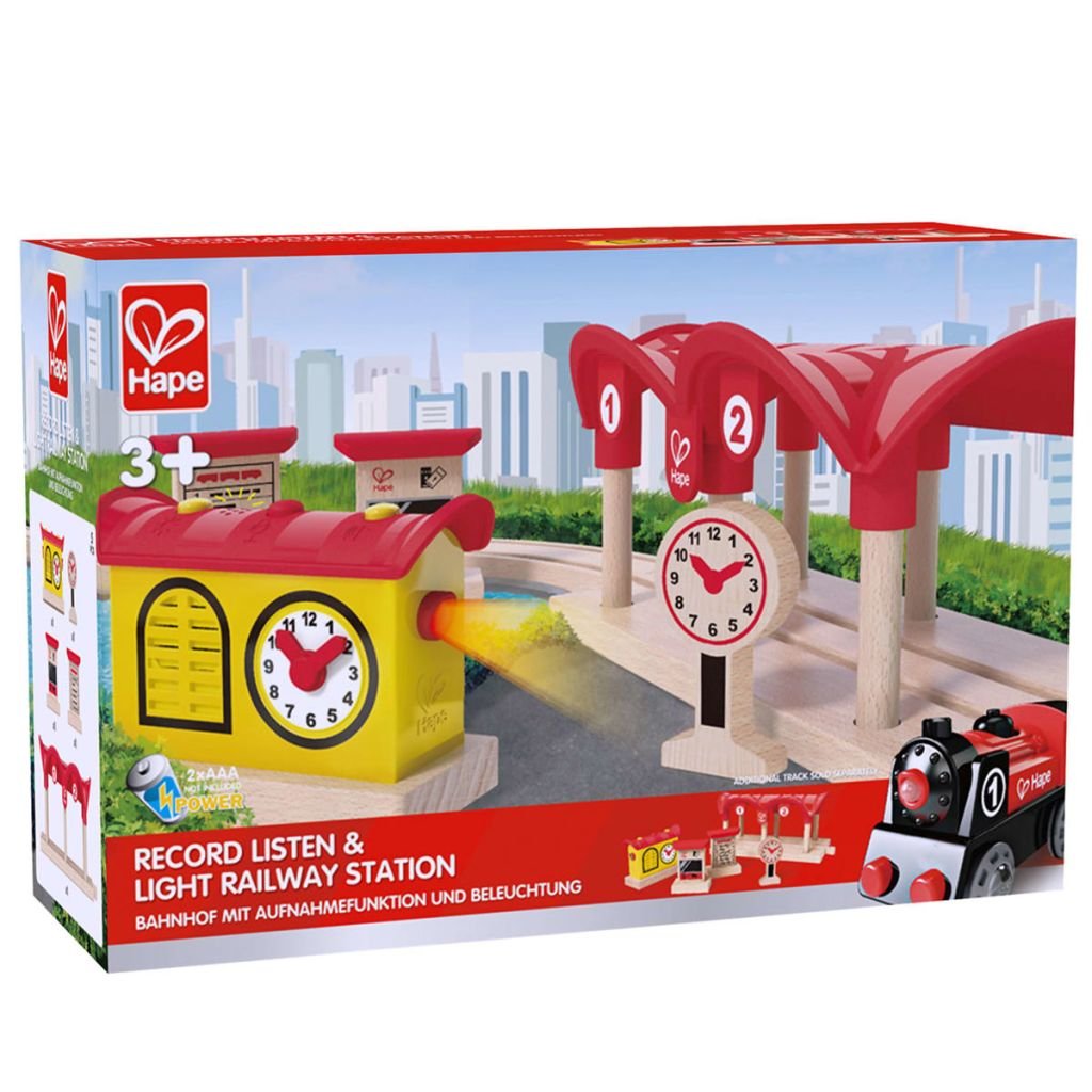 Hape Stazione dei Treni Registra Ascolta e Illumina - Accessorio a batterie con luci, microfono e registratore per gioco di ruolo con ferrovia dai 3 anni in su