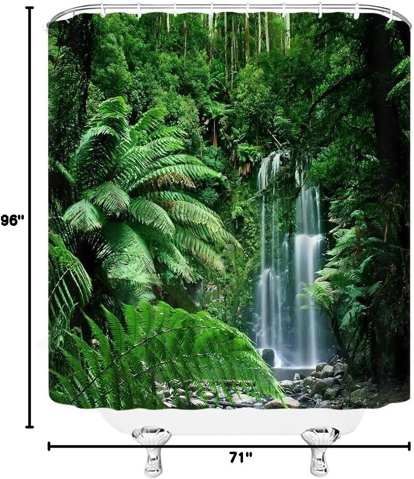 Rainforest Shower Curtain Tropical Jungle Forest Waterfall Palm Leaves Nature Scenery Polyester Bathroom Curtains with Hooks