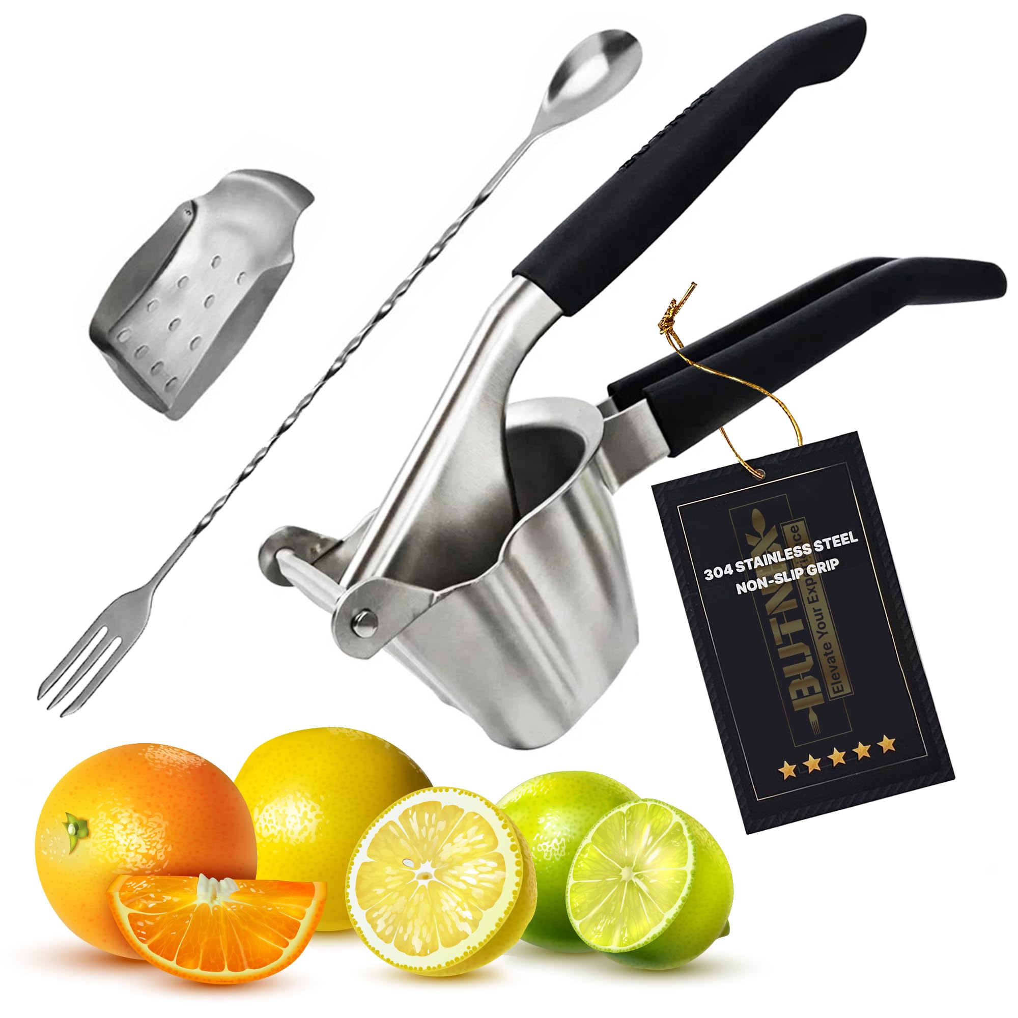Butnix Lemon Squeezer, Stainless Steel 304 Hand Juicer, 3-in-1 Citrus Squeezer for Lemon Lime Orange, Manual Citrus Juicer with Cocktail Mixing Spoon, Non-Slip Grip, Life Time Warranty