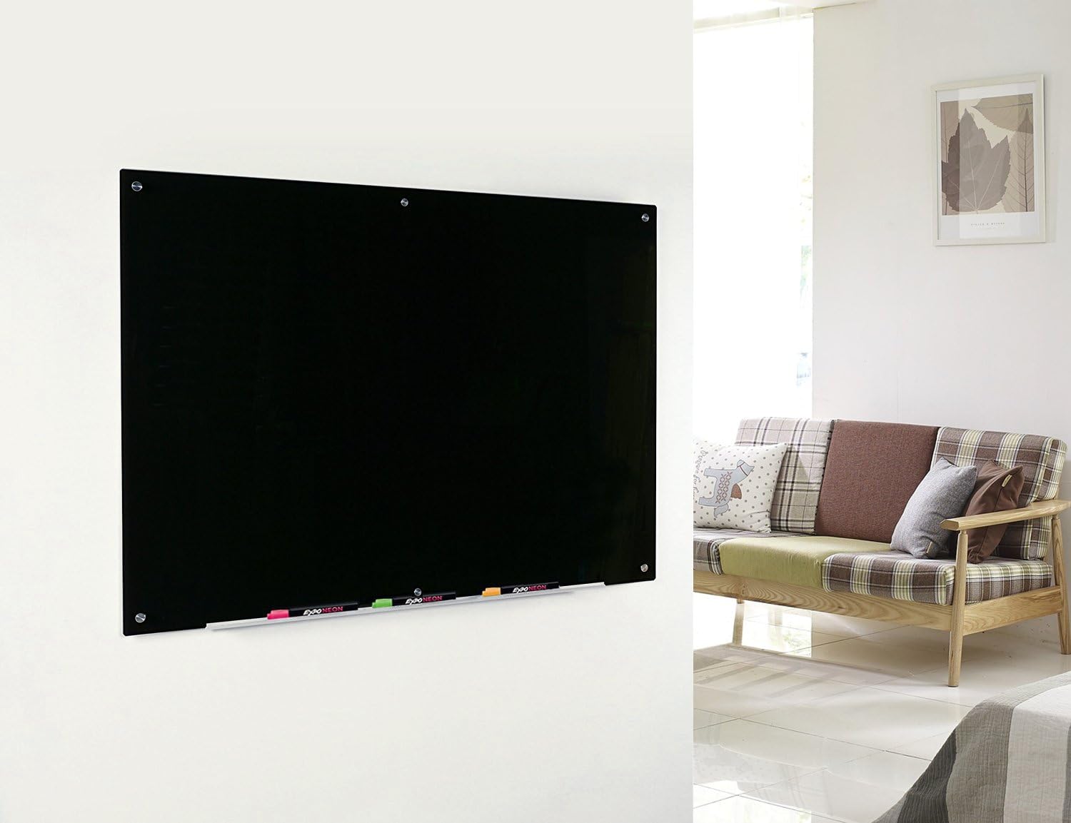 Audio-Visual Direct Magnetic Black Glass Dry-Erase Board Set - 5' x 3.4' - Includes Magnets, Hardware & Marker Tray