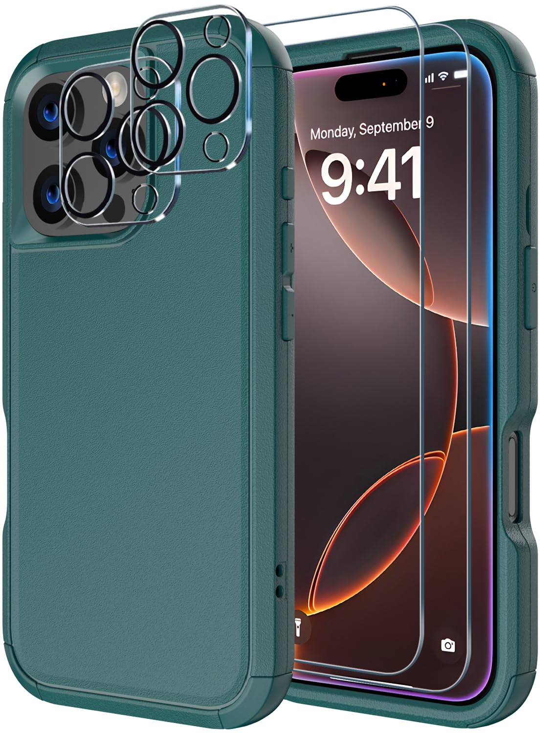 Diverbox for iPhone 16 Pro Max Case [Shockproof] [Dropproof] [Tempered Glass Screen Protector + Camera Protectors] Heavy Duty Protection Phone Case Cover for Apple iPhone 16 Pro Max (Dark Green)