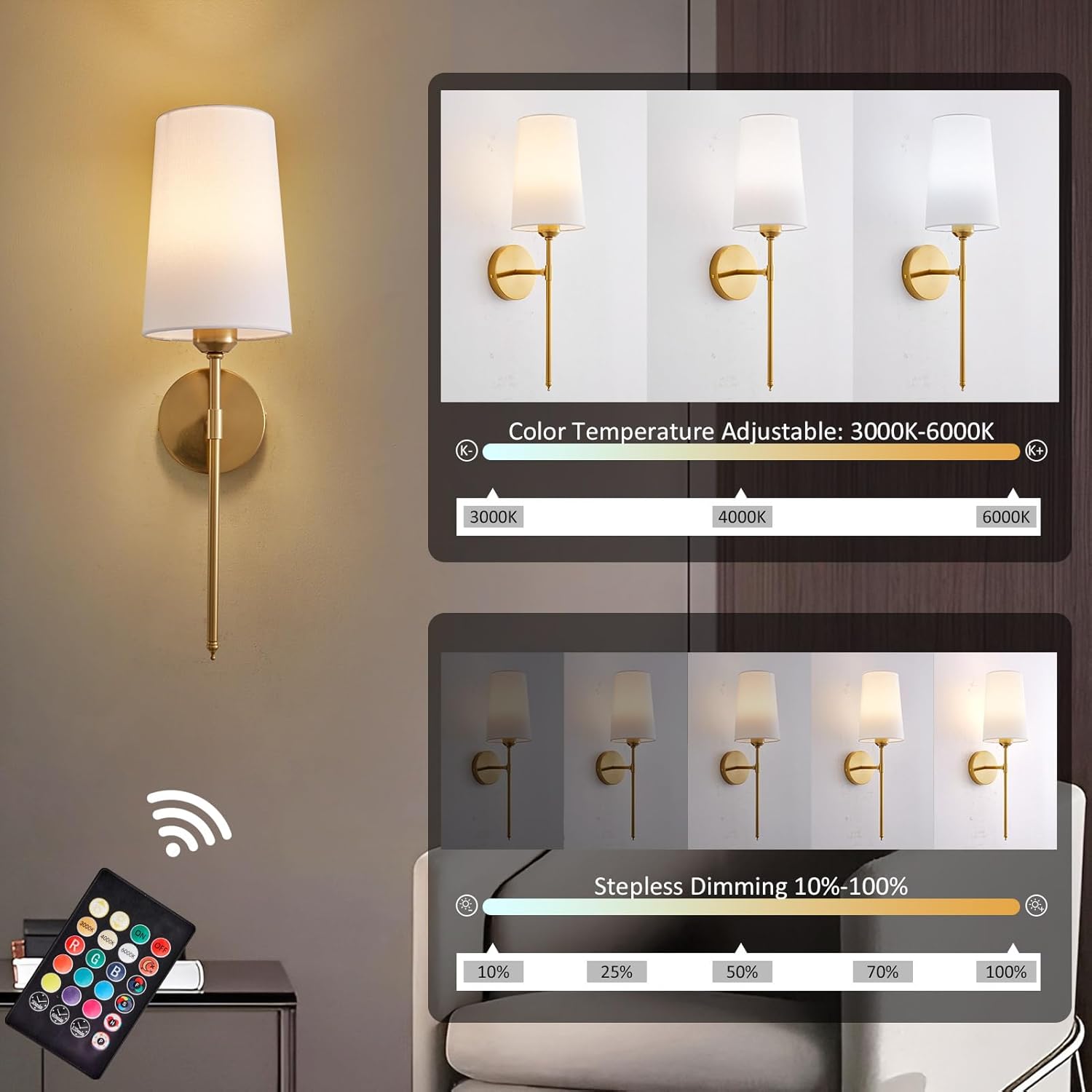 Battery Operated Wall Sconce Set of 2, Rechargeable Wall Lights, Multi-Color Detachable Rechargeable Bulbs, for Bedroom Living Room Hallway