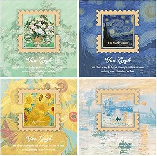 moin moin しおり アート 名画 を挟む 切手風 メタル ブックマーク 4種セット ゴッホ & モネ (ひまわり/星月夜/バラ/印象・日の出) タッセル 金属 ゴールド 切り絵 透かし彫り ブルー グリーン ホワイト オレンジ レトロ アンティーク 2509sor135