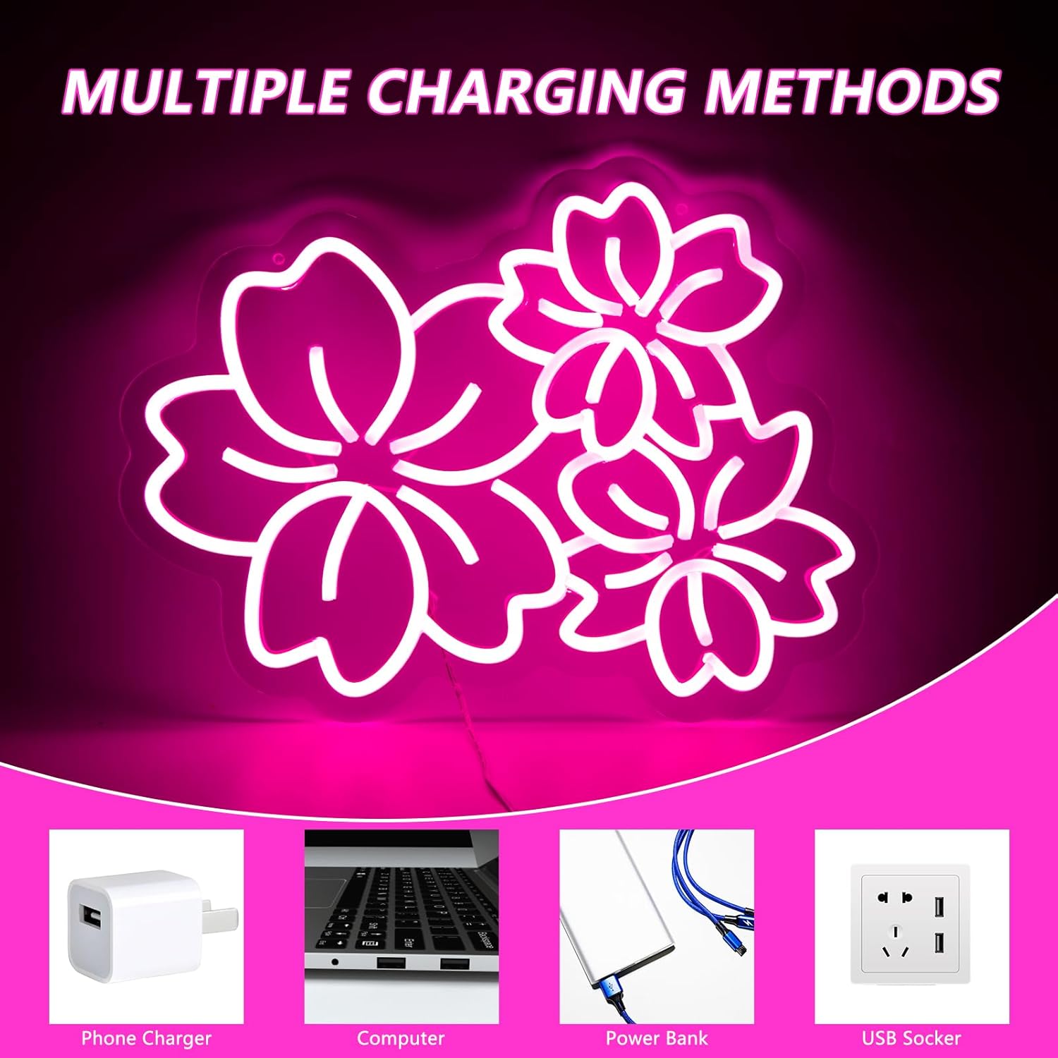 Cherry Flower Neon Sign For Wall Decor Studio Room Led Lights, Beautiful Pink Draw Decor Neon Signs Aesthetic Operated Light For Door Decorations, Drawing Room Gifts Accessories Neon Sign