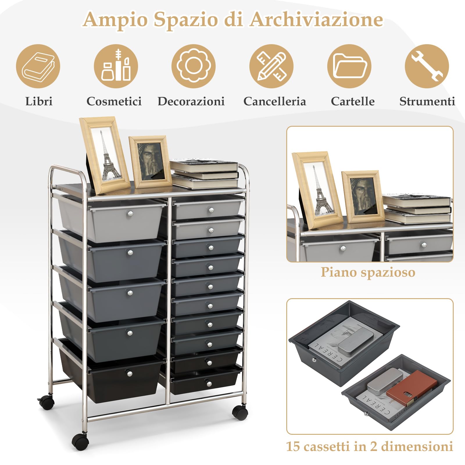 RELAX4LIFE Carro de almacenamiento con 15 cajones, cajonera alta con 4 ruedas universales, armario móvil y ahorra espacio de gran capacidad, multiusos para cocina, baño y oficina (negro y gris 2)