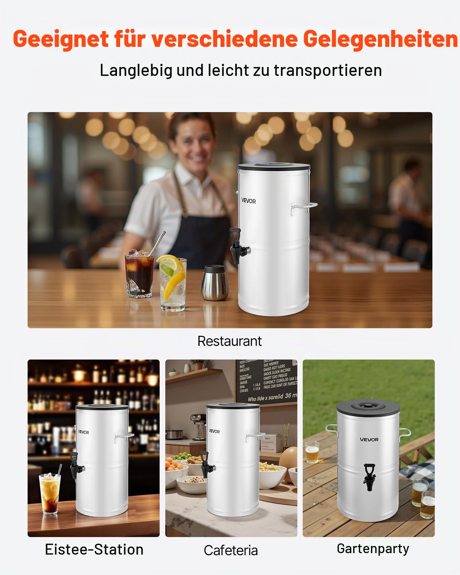 VEVOR Eisteespender Getränkespender aus 304 Edelstahl 15 L Getränkedispenser mit Zapfhahn & Griff, geeignet für heiße und kalte Getränke, für Eistee, Kaffee, Wasser in Cafés und Restaurants