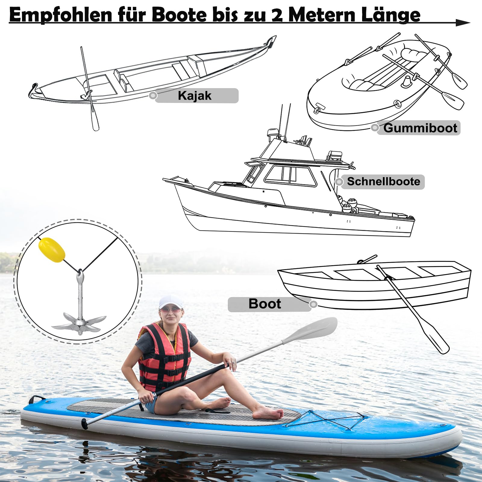YUENFONG Faltanker Anker Klappanker mit 10 m Ankerseil, Eisenverzinkte Ankerset Vierhakenanker inkl. wasserdichte Tasche, für Kajaks, Kanus(1.5kg)