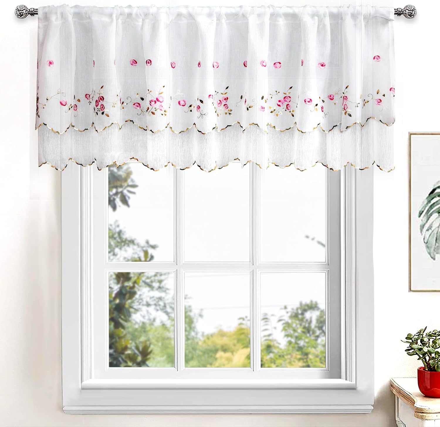 Zhh Floral Window Valance Two-Layer – Sheer Flower Handmade Embroidered Cafe Curtain, Pink Rose Pattern Window Treatment for Kitchen, 15×90 Inch