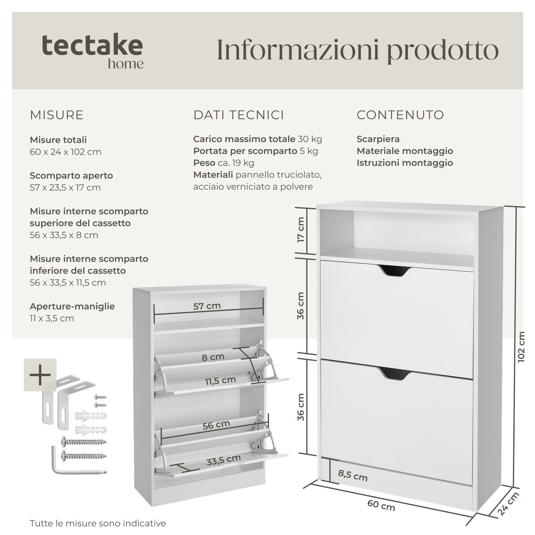 tectake® Scarpiera Moderna con 2 Cassetti a Ribalta, 4 Ripiani per 12 Paia di Scarpe, Elemento a Scaffale Aperto, Maniglie Incassate, Ripiani Smontabili, Protezione Antiribaltamento - Bianco