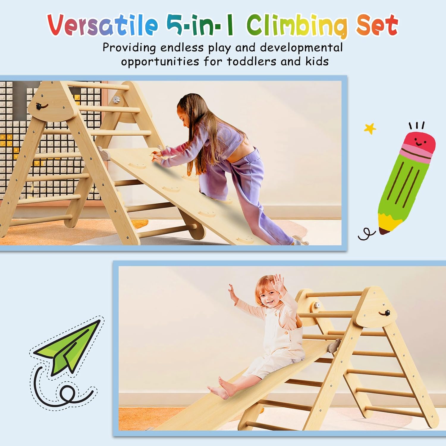 Large Pikler Triangle Set, 5 in 1 Foldable Baby Climbing Gym Indoor Montessori Climbing Set Wooden Toddler Climbing Toys with Arch, Ramp, Ladder