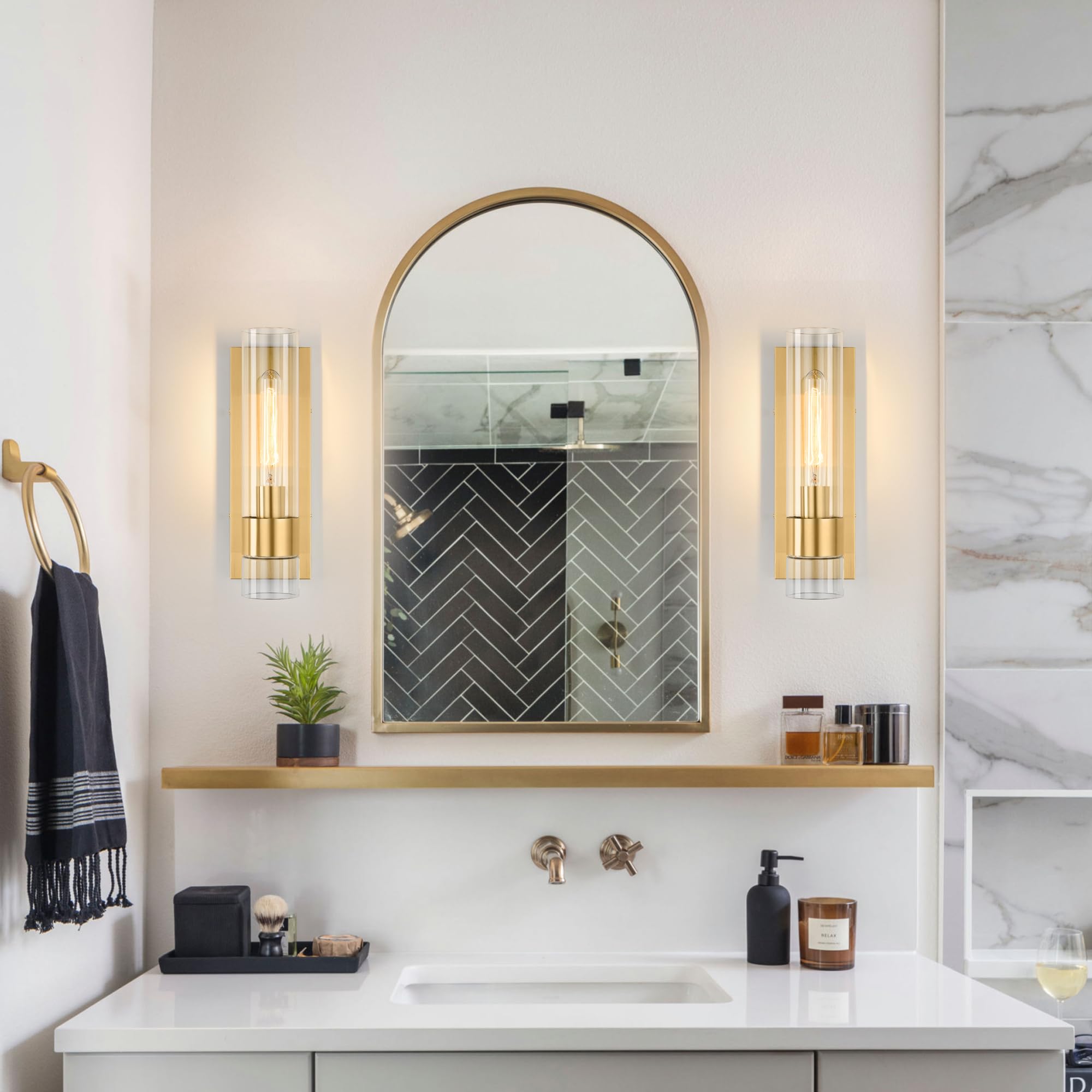 Juego de 2 apliques de pared dorados, modernos apliques de baño, iluminación de pared con vidrio transparente, apliques de baño, juego de 2, apliques de pared interiores para baño, sala de 6