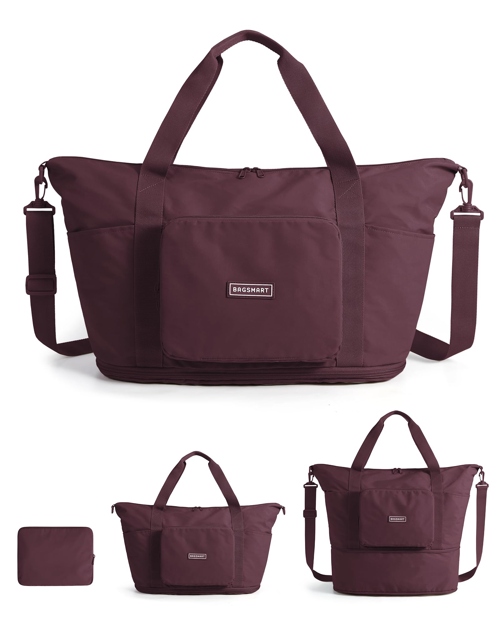 BAGSMART Foldable Travel Bag, 37L Expandable Personal Item Bag, Cherry Red | Airline Approved Personal Carry-on Size, Fits Under-seat, Trolley Sleeve, Backup Bag for Travel, Vacation, Overnight