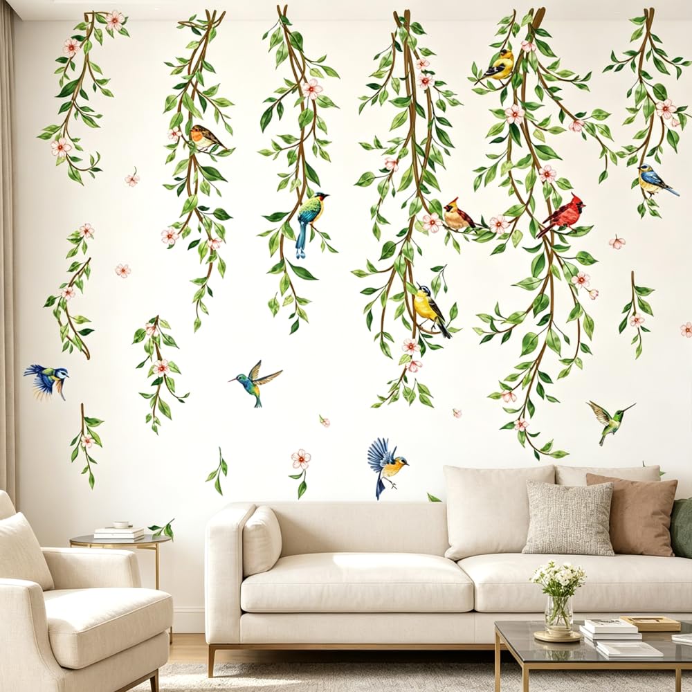 3/4PCS Floral Bird Wall Decals, Self-Adhesive Green Leaf Blossom Wall Stickers, Peach Blossoms Wall Decal for Bedroom Living Room Sofa Background Decor