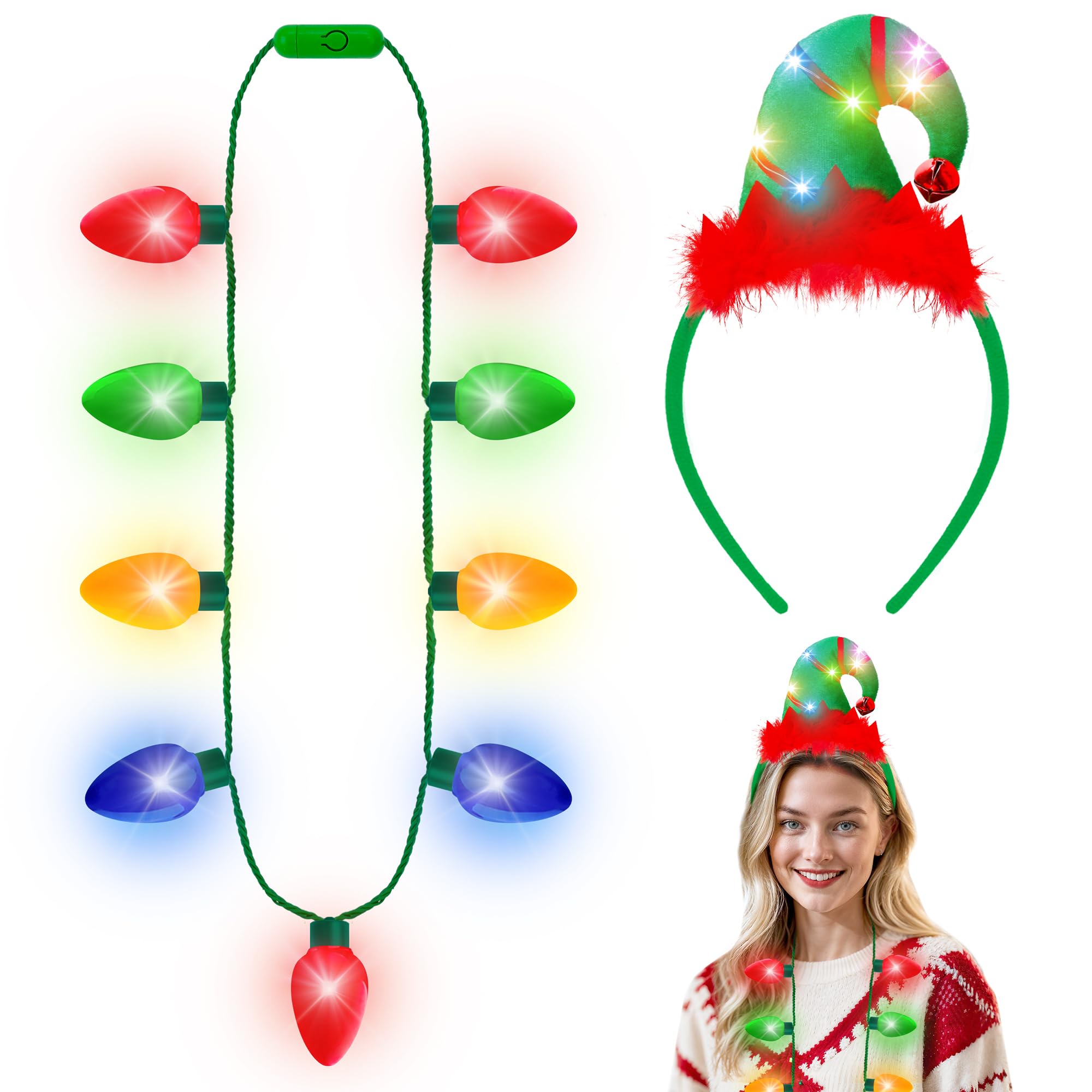 Blowata Christmas Light Up Headband and Necklace with 3 Flashing Modes, LED Christmas Bulb Lights Necklace and Xmas Party Favor