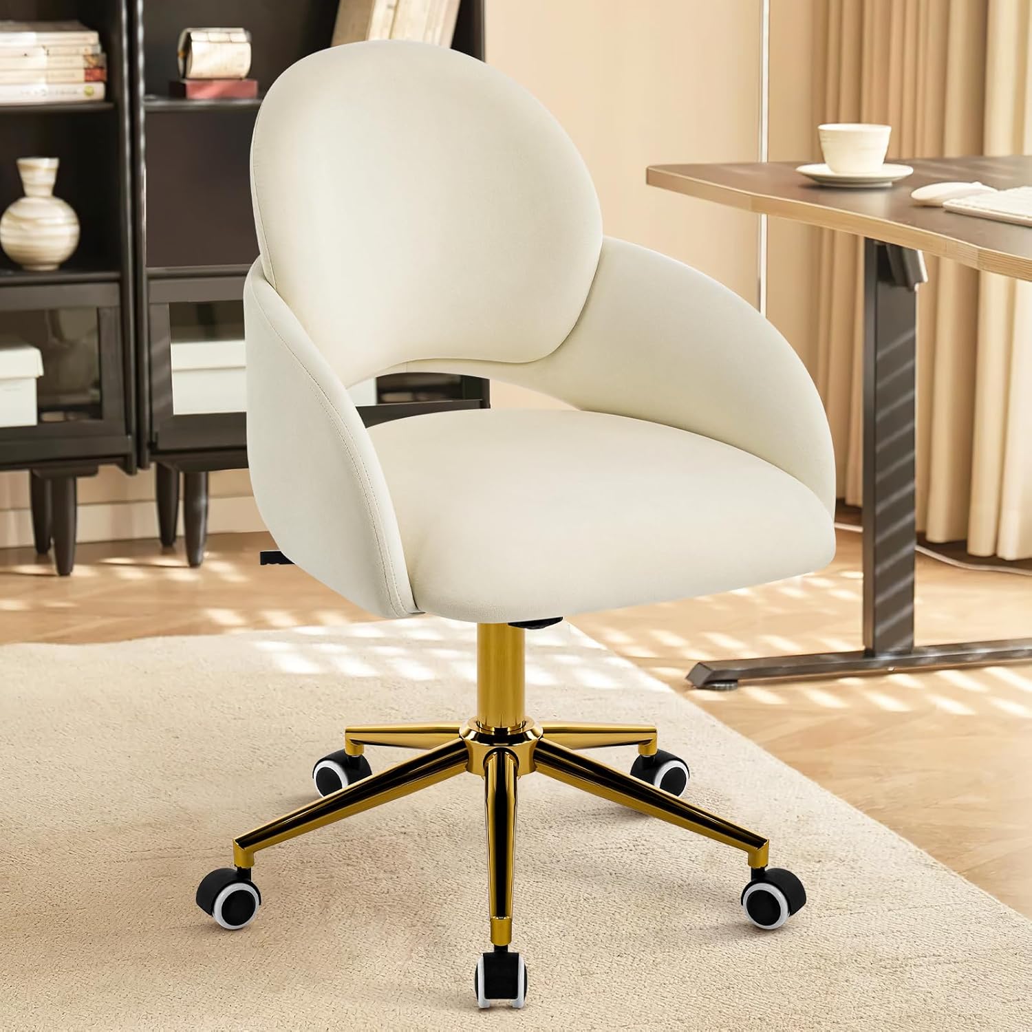 Furniliving Vanity Chair with Wheels, Cute Upholstered Office Chair with Hollow-Out Back, Height Adjustable Rockable Accent Chair with Gold Metal Base for Bedroom, Makeup Room, or Living Room (White)