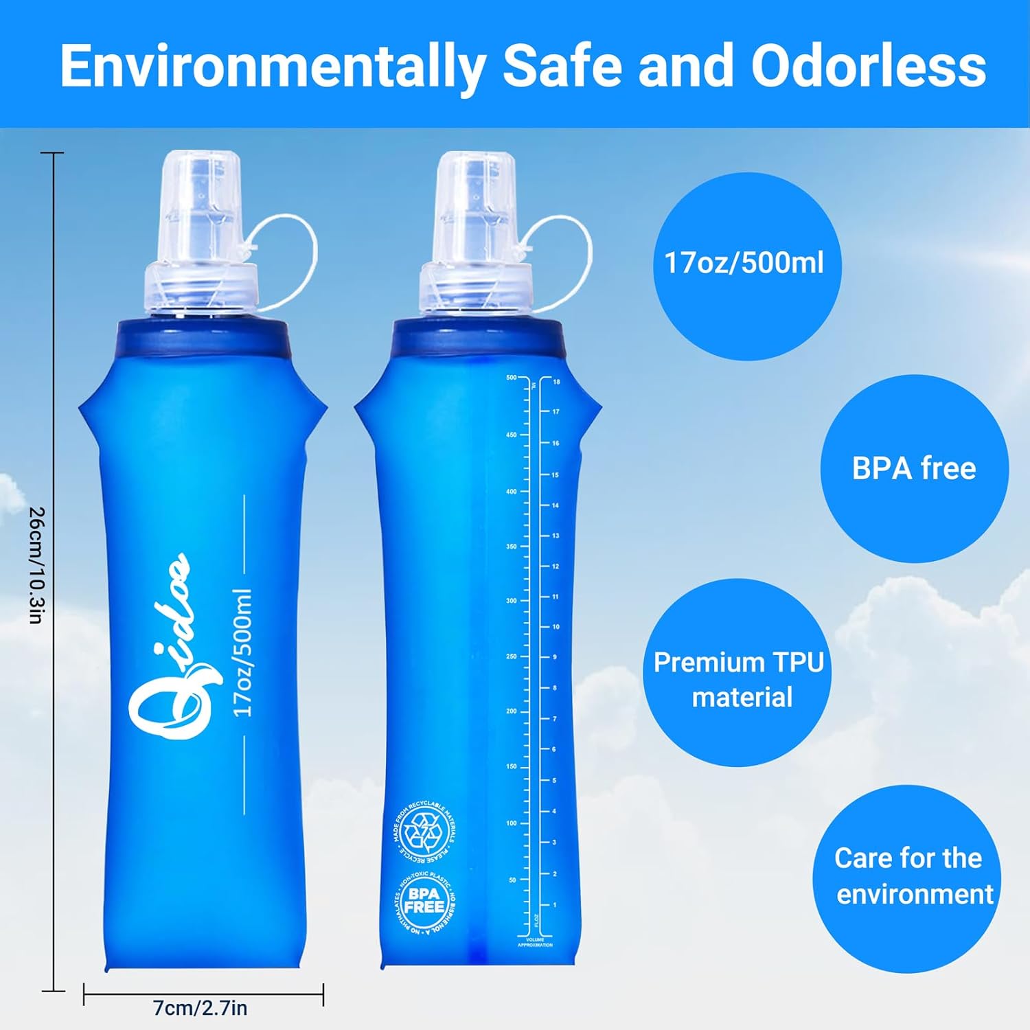 2PCS Soft Water Bottle, 17oz/500ml TPU Collapsible Flask Foldable Bottles for Hydration Pack, BPA-Free Soft Flasks Handheld Soft Flask Running Bottle for Running Hiking Cycling Climbing Traveling