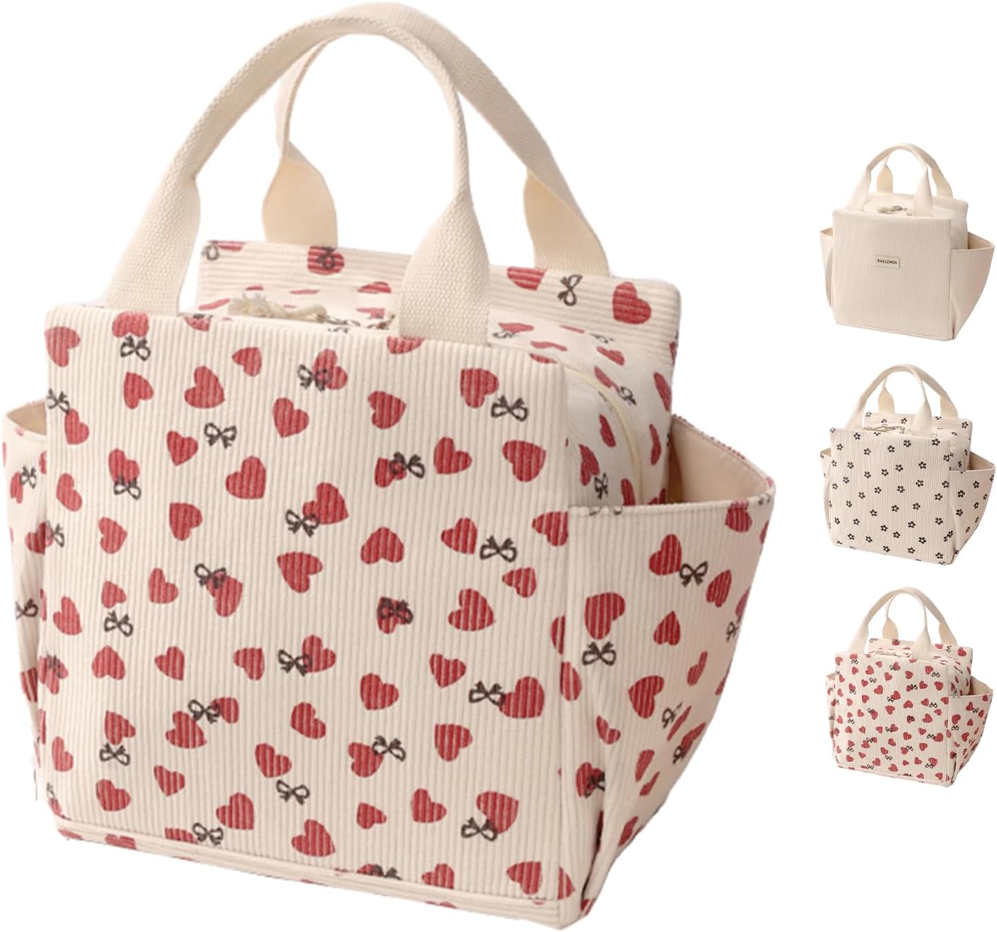 Square Corduroy Lunch Bag, Large Capacity Insulated Lunch Tote for Women & Men, Reusable Cooler Bag with Front Pocket for Work, Travel, Picnic (10.2"x7.3"x9.8", 0.45 lbs)