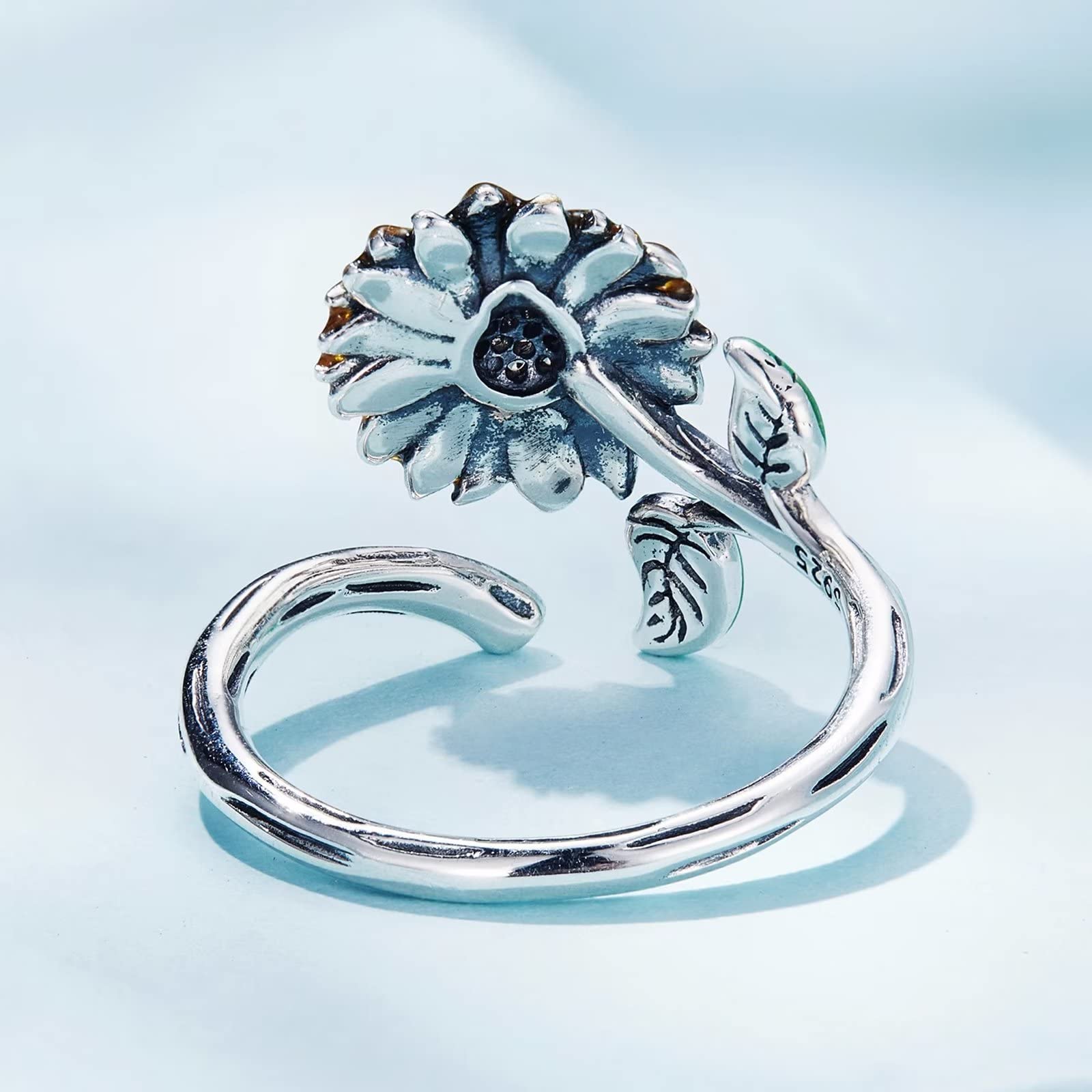 Qings Anillo Girasol Ajustable para Mujer, Plata de Ley 925 Flores Abierto Anillos Regalos de Cumpleaños para Niñas Adolescentes