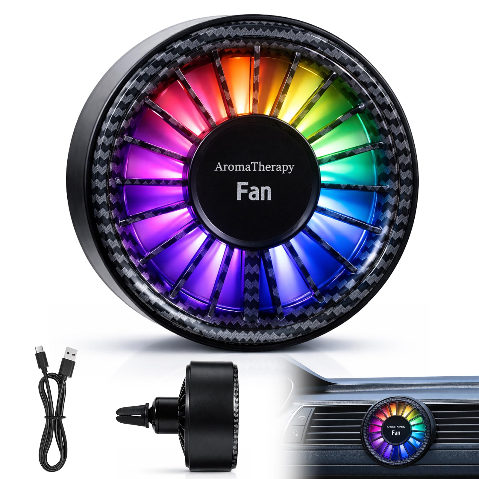 Ventilador de Coche con Luces LED Multicolor y 3 Discos de Algodón Perfumados, Ventilador USB para Rejilla de Ventilación 3 Velocidades, Mini Ventilador de Coche para Coches, SUV, Camiones