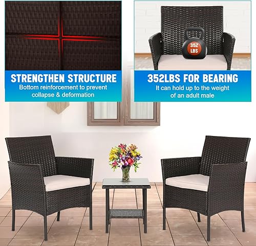 Miniatura 6 de FDW juego de conversación para patio tipo bistró, muebles de mimbre, 2 sillas de ratán con cojines y mesa de café de vidrio para porche, césped,