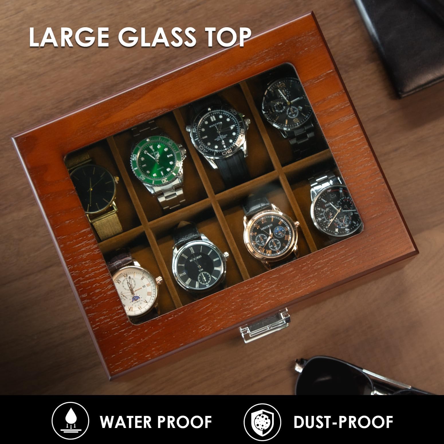 Slege Porta Orologi in Legno a 8 Posti,Scatola Portaorologi a 2 Livelli,Fatto Mano Elegante Scatola per Orologi,Coperchio in Vetro,Fodera Morbida,Cuscini Rimovibili,Regalo per Uomini e Donne,Watch Box