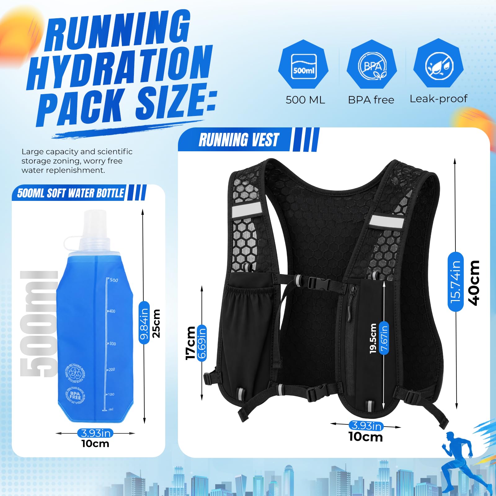 Chaleco Hidratación Trail Running con Soft Flask 500ml, Mochila Running Hombre Mujer Ligero y Transpirable, Chaleco Correr Reflectante con Múltiples Bolsillos para Maratón Ciclismo Senderismo