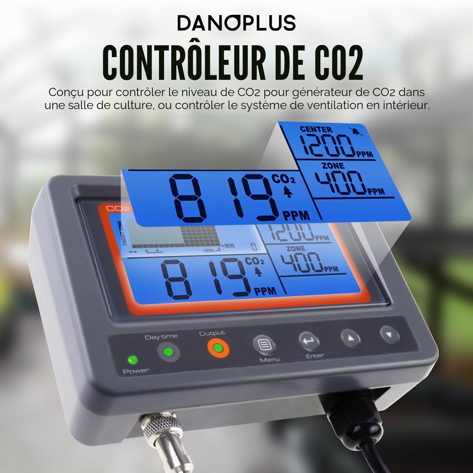 Contrôleur de CO2 Contrôleur de dioxyde de Carbone Moniteur de CO2 Fonction Relais Jour et Nuit, capteur de CO2 NDIR pour Serre, salles de Culture, Usine, Maison, Bureau