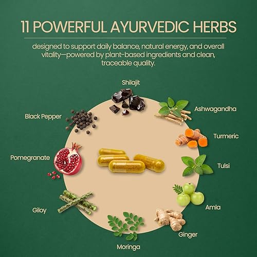 Vista 3 de Vital Adaptogen Capsules – 820mg Shilajit, Ashwagandha, Turmeric, Ginger & Tulsi – Plant-Based Adaptogenic Support – 60 Vegan Capsules