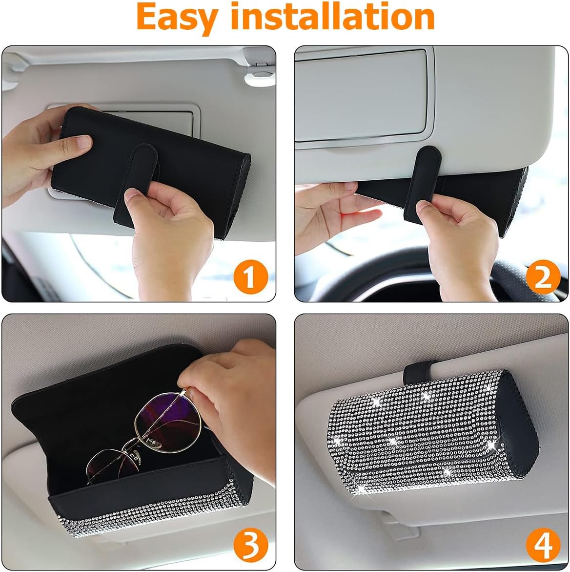 Osilly Bling Car Sunglass Holder for Sun Visor, Sparkling Crystal Leather Automotive Eyeglasses Mount Clip Organizer with Hidden Magnetic Closure for Men Women, Universal for SUV Truck Van(Red)