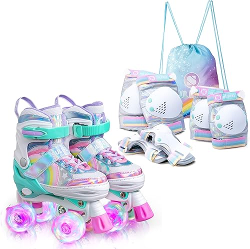 SULIFEEL Patines de unicornio arcoíris para niños con equipo de protección ajustable, brillante, mediano