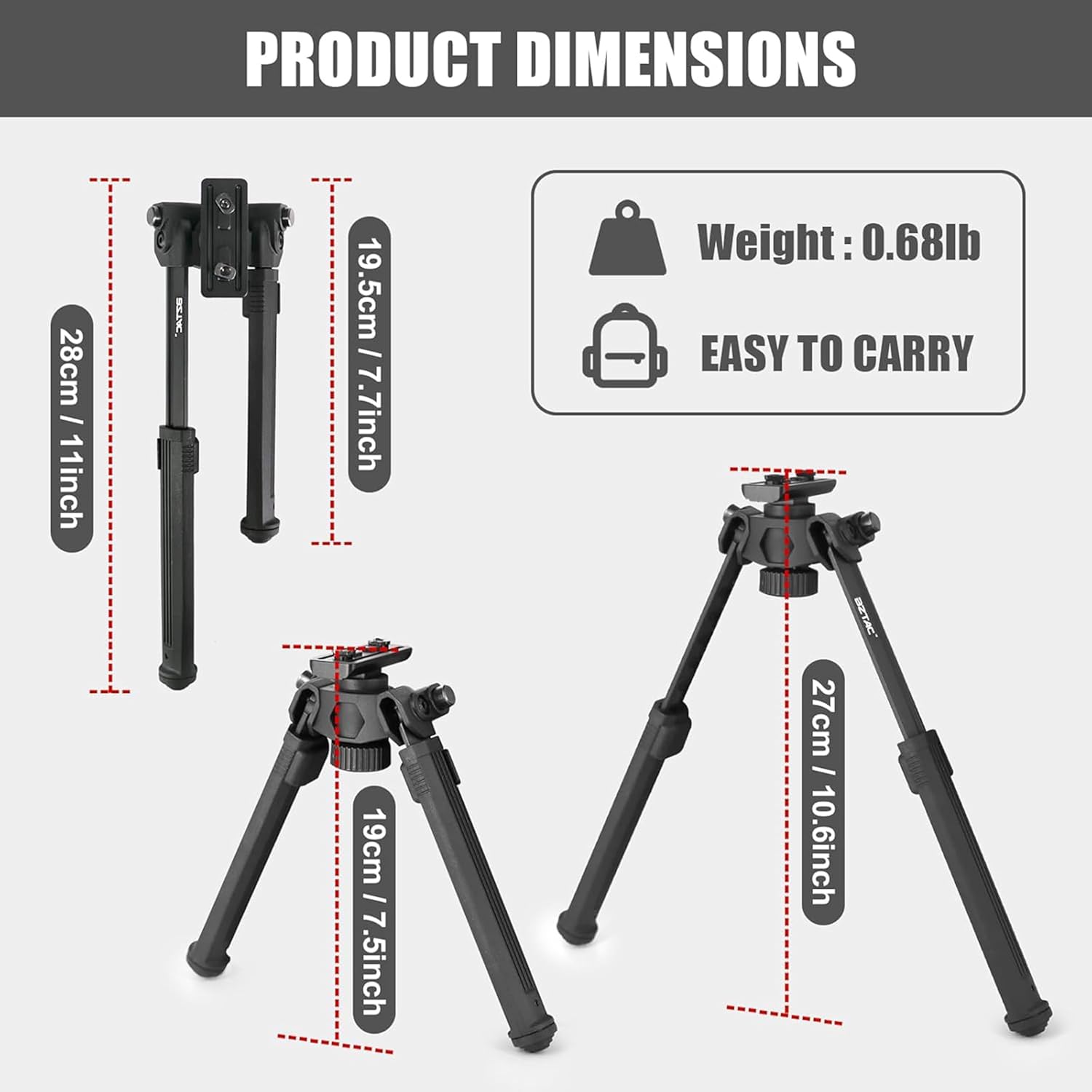 UUQ QV14 Tactical Portable Rifle Bipod, Picatinny and Mlok Mounting Options, 360 Degree Swivel, 7 Adjustable Height, Made of Lightweight High-Strength Polymer