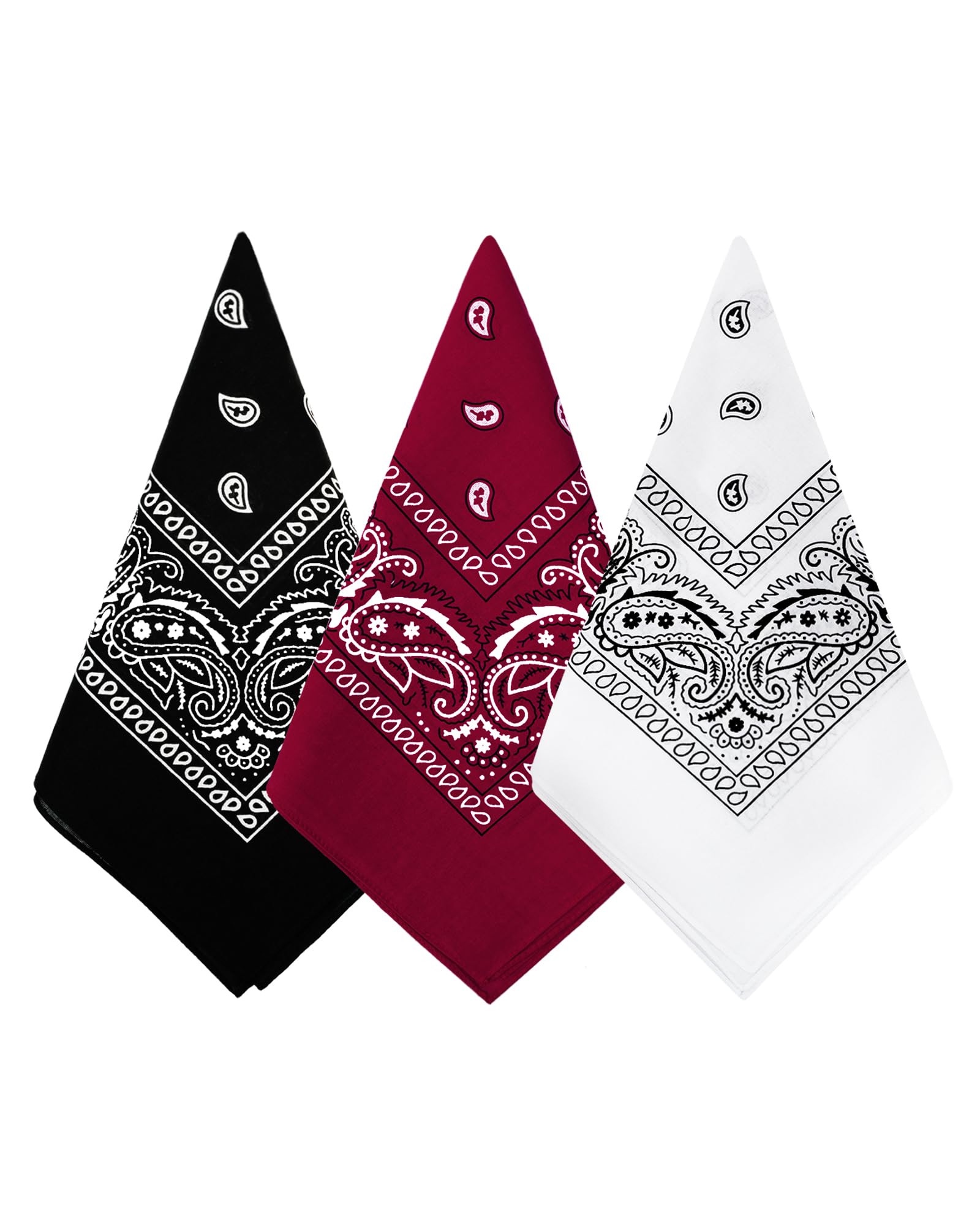 Bycc Bynnunisex 3 Pack 100% Cotton Paisley Pattern Bandanas Square Scarf Headwear (Black + Burgundy + White)