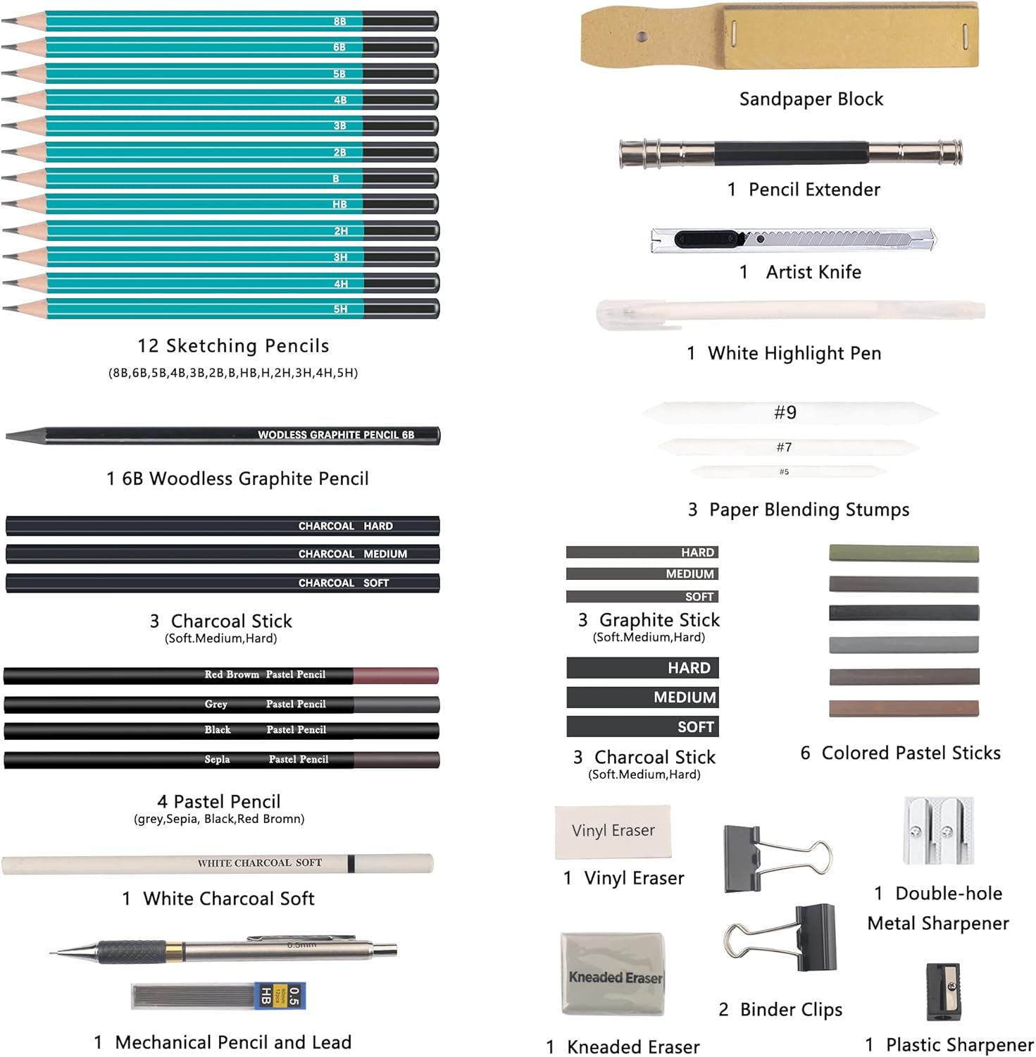 Kalour Sketching Drawing Kit(50 Pieces) - 9" X 12" Three Color Sketch Pad - Premium Graphite,Charcoal,Pastel and Drawing Tools - Art Supplies for Sketching Shading - Gift for Artist Adults Beginner : Arts, Crafts & Sewing