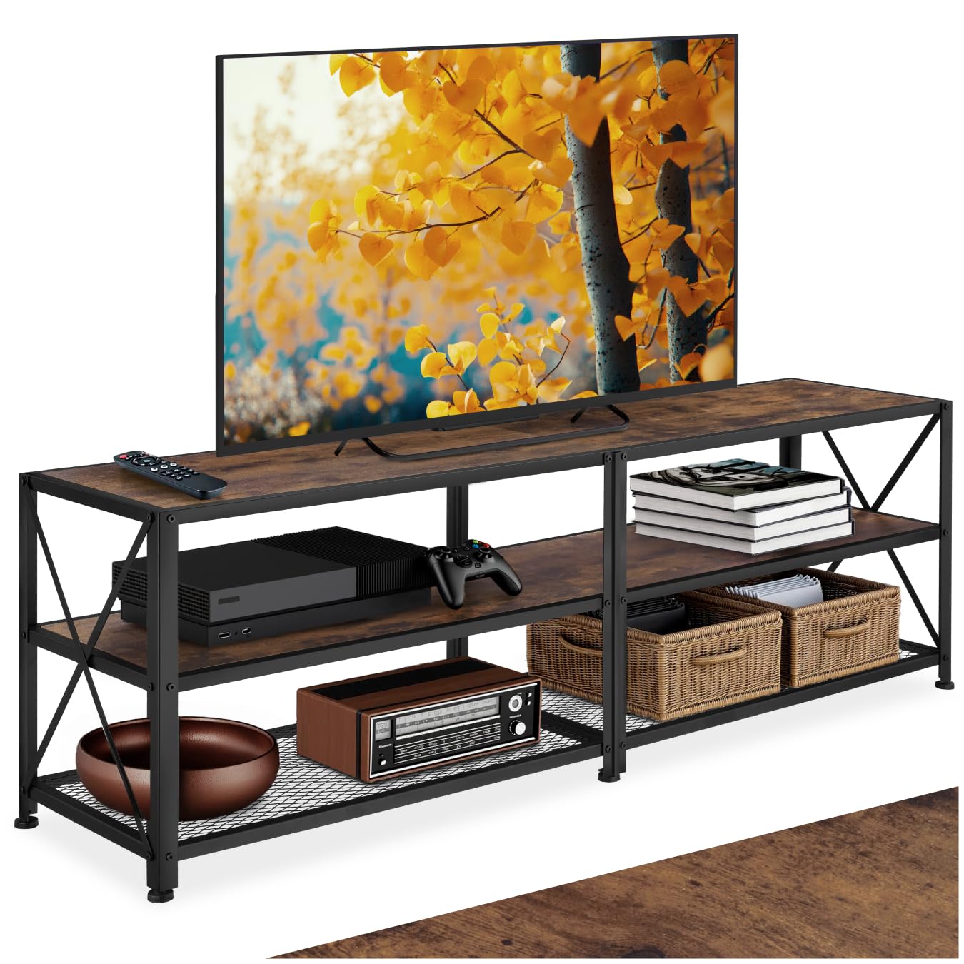 tectake® Industrial TV Lowboard, Fernsehschrank bis zu 60/70 Zoll, Sideboard Wohnzimmer, TV Schrank, Regal Kommode mit offenen Fächern, HiFi Rack - 161 cm, Industrial Holz dunkel, rustikal