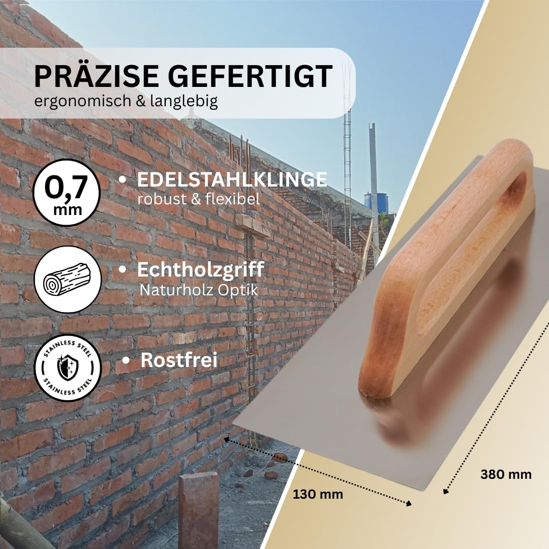 WERKFIT Kompakt Glättekelle 380 mm – Profi Zahnkelle aus rostfreiem Edelstahl mit Buchenholzgriff – Glatt & Zahnungen E3–E15 – Handliche 1- oder 2-Hand Kelle für Fliesenleger & Handwerker (E10)