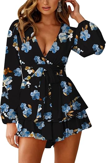 Relipop Womens Floral Print Romper V Neck Long Sleeve Double Layer Ruffle Hem Shorts Jumpsuit 2026 Beach Vacation Outfits